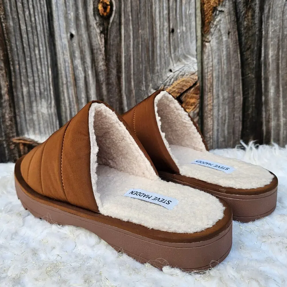 Quilted Slipper Steve Madden Chex Size 10 Faux Shearling Line Puffer Slide Brown - Picture 4 of 12